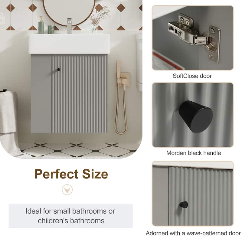21.6" Floating Bathroom Vanity with Ceramic Sink - Left-Side Storage, Space-Saving for Small Bathrooms