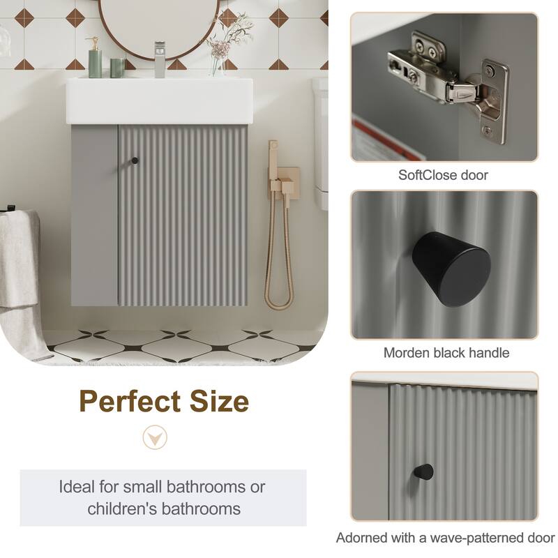 Floating Bathroom Vanity with Sink, Small Wall Mounted Bathroom Vanity, Bathroom Cabinet with Soft Close Door & Left Side Shelf