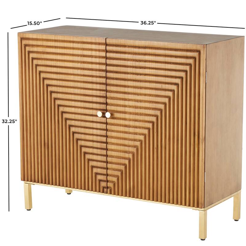 Brown Wood Carved Square Geometric Cabinet with Gold Accents