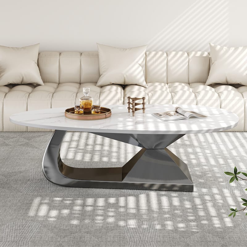 GDFStudio - Contemporary 51.2" Oval Sintered Stone Coffee Table with Sculptural Stainless Steel Base
