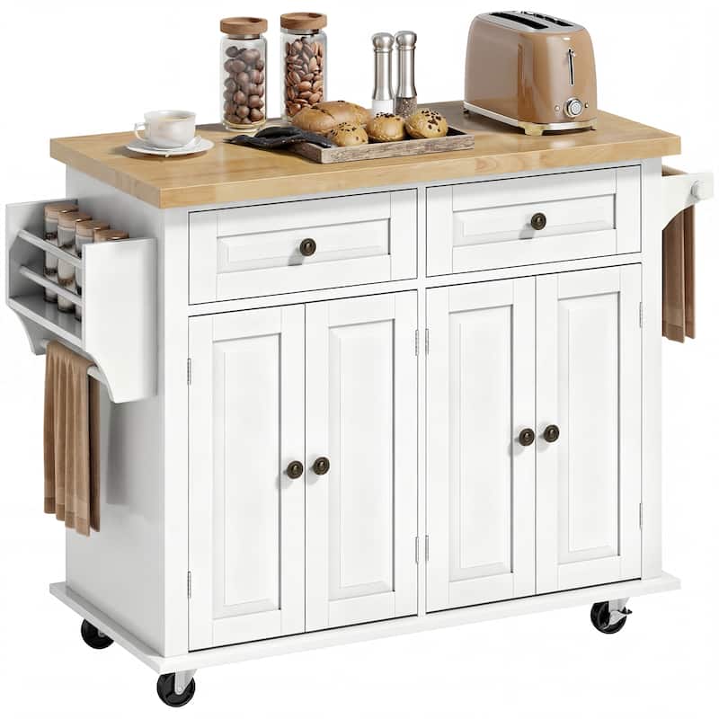 HOMCOM Rolling Kitchen Island Cart with Rubber Wood Top, Spice Rack, Towel Rack & Drawers for Dining Room