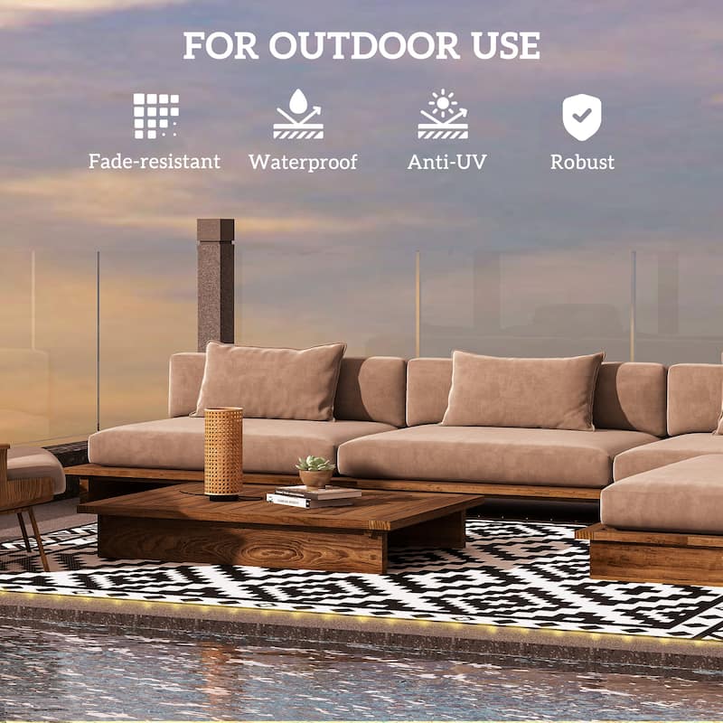 Outsunny Reversible Outdoor Rug Carpet, 12' x 9' Waterproof PP Plastic Straw Rug, Portable RV Camping Mat with LED String Lights