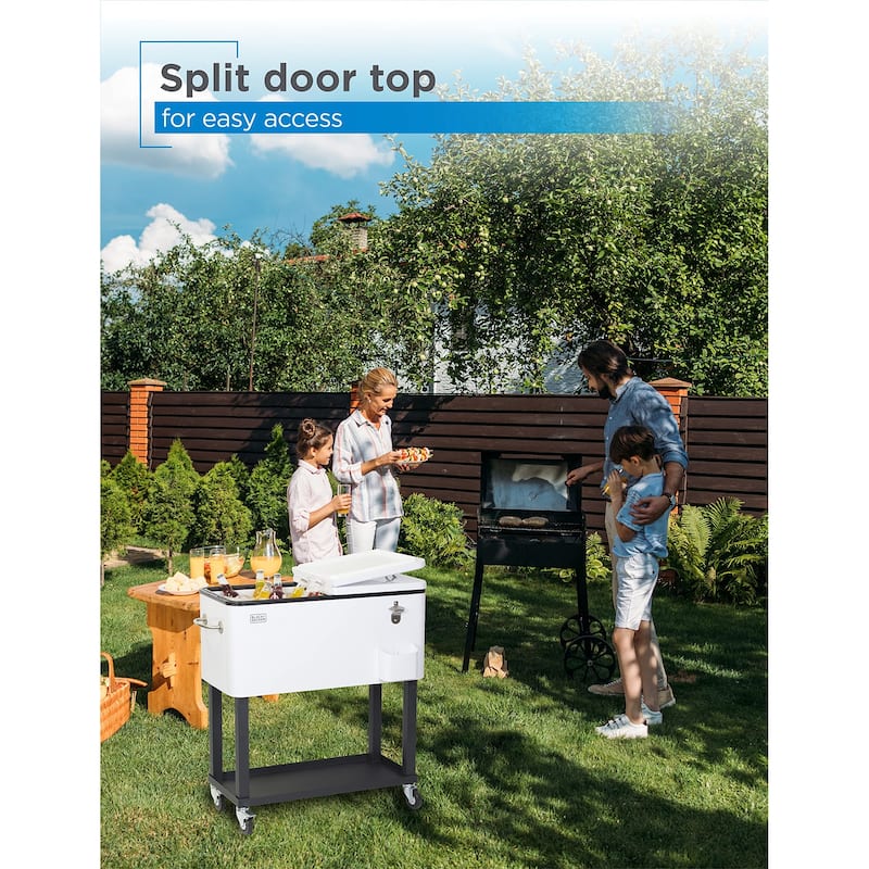 BLACK+DECKER, Mobile Cooler Cart, 2 Door Seal Lid, Bottle Opener with Catch Basin, Bottom Storage Tray - N/A