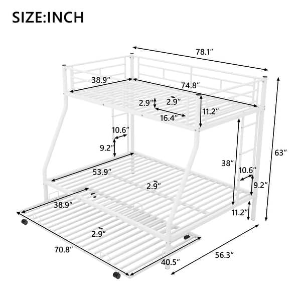 Twin over Full Bed Bunk Bed with Twin Size Trundlle, Two-Side Ladders,White