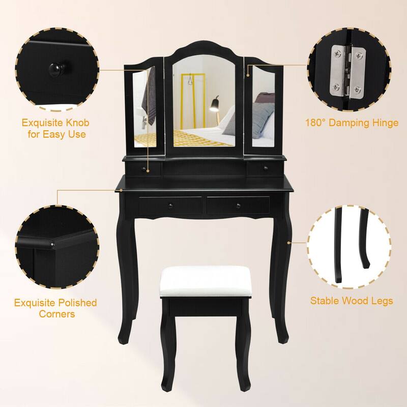 Gymax Vanity Jewelry Makeup Dressing Table Stool Folding Mirror Black