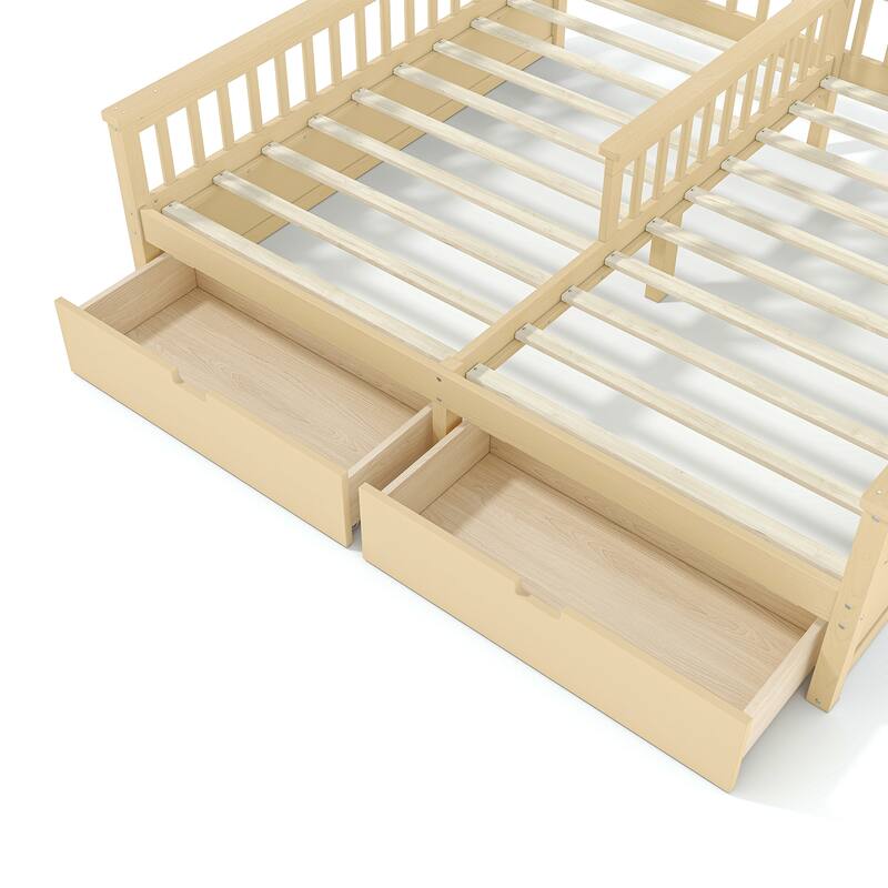 Double Twin Platform Bed with Storage Shelves and Drawers, House Platform Bed with Support Slats, Childlike