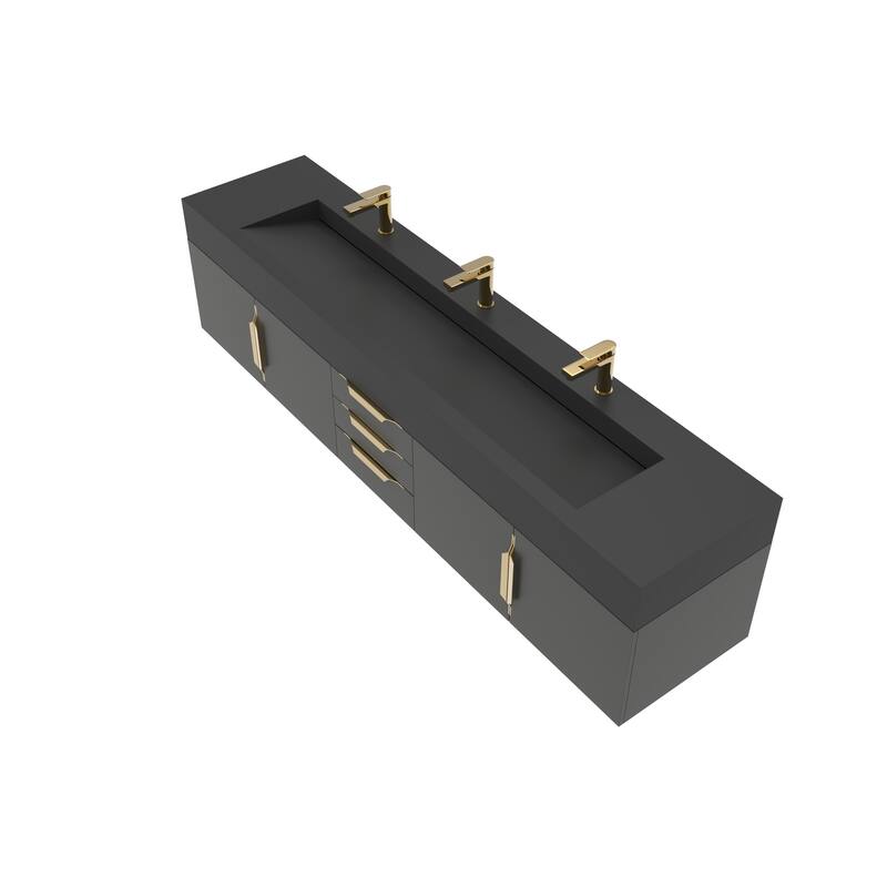 Nile 84-Inch Wall Mounted Bathroom Vanity Set w/ Black Top
