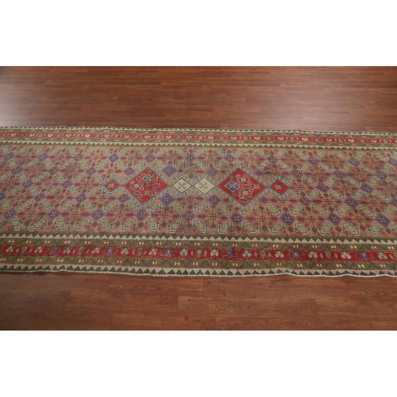 Geometric Tabriz Persian Antique Runner Rug Hand-knotted Wool Carpet - 3'8" x 9'5"