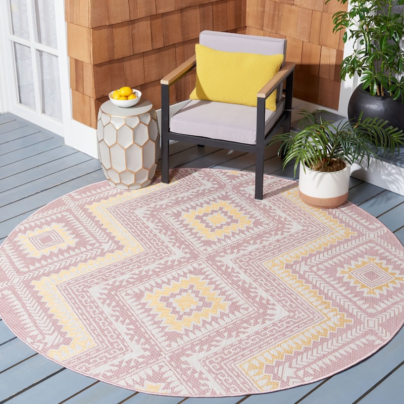 SAFAVIEH Courtyard Einat Indoor/ Outdoor Waterproof Patio Backyard Rug - 6'7" Round - Pink/Gold