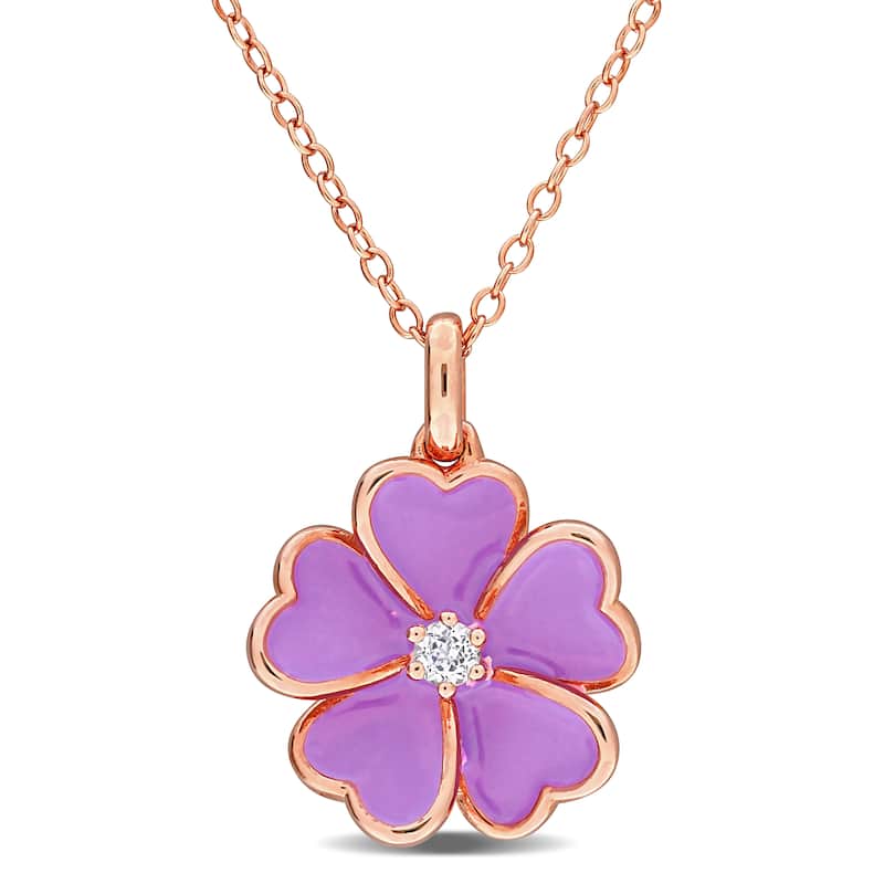 Miadora 1/10ct TGW White Topaz Purple Enamel Flower Necklace in Rose Plated Sterling Silver-17 in