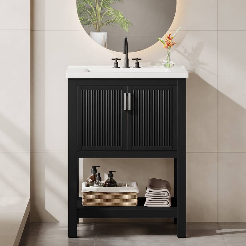 23.5 Inch Single Bathroom Vanity With Ceramic Top, Sink Included - Black