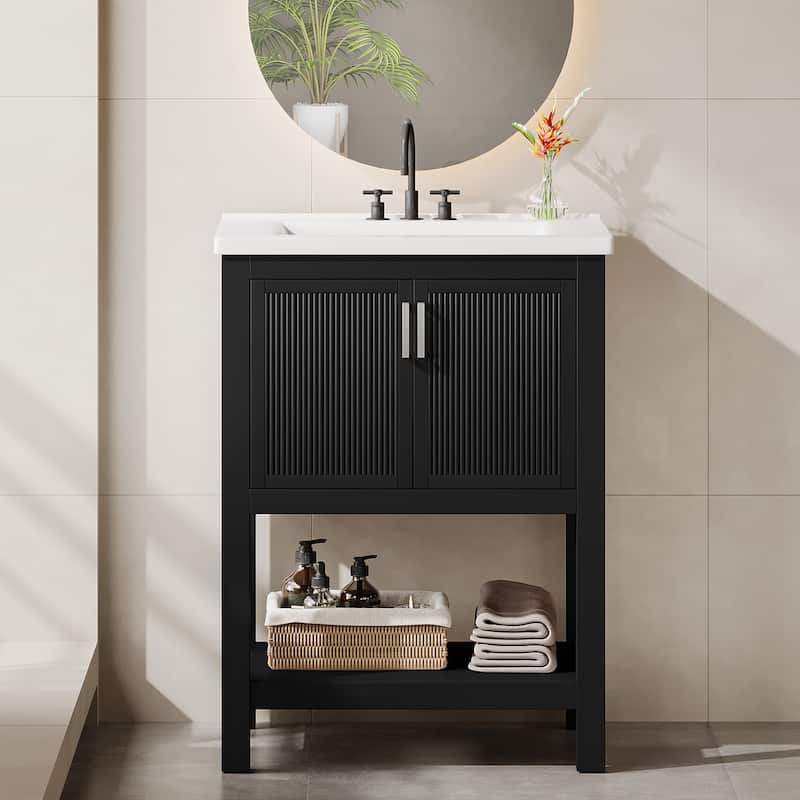 24" Single Bathroom Vanity with Ceramic Sink, Solid Rubberwood Frame & Open Storage Shelf - Black