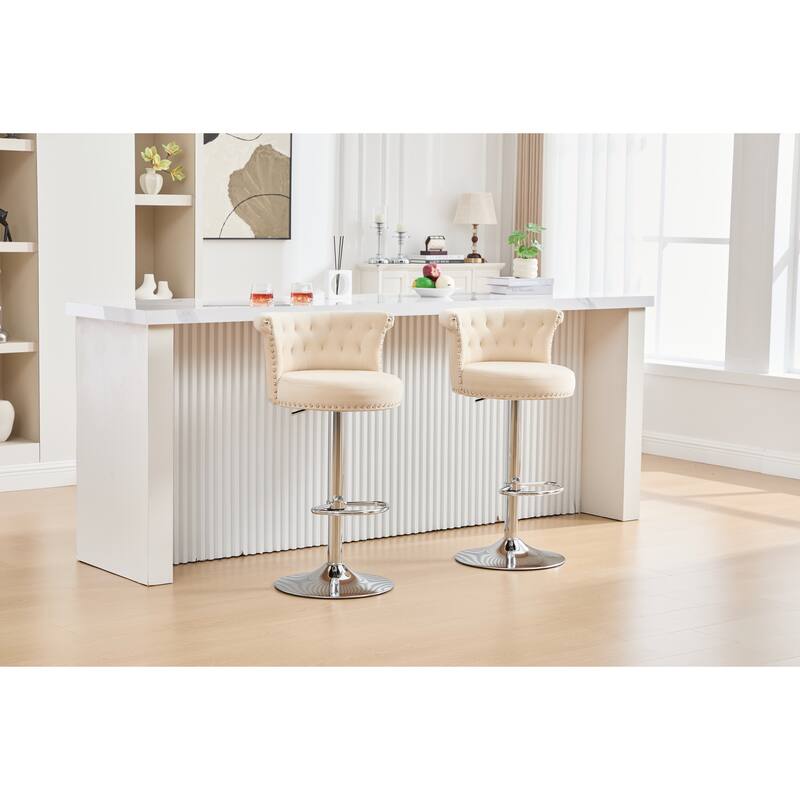 Velvet Upholstered Bar Stool Set of 2, Adjusatble Height Swivel Bar Stools, Dining Chairs with Curved Backrest & Footrest