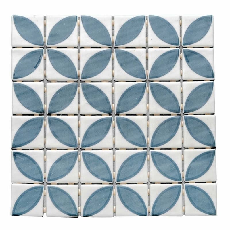 Eterna Lily 2x2 Matte & Shiny Glass Floral Mosaic Tile - Floor, Wall, Backsplash - 1 Sheet (1.05 Sq. ft.) - Navy Blue