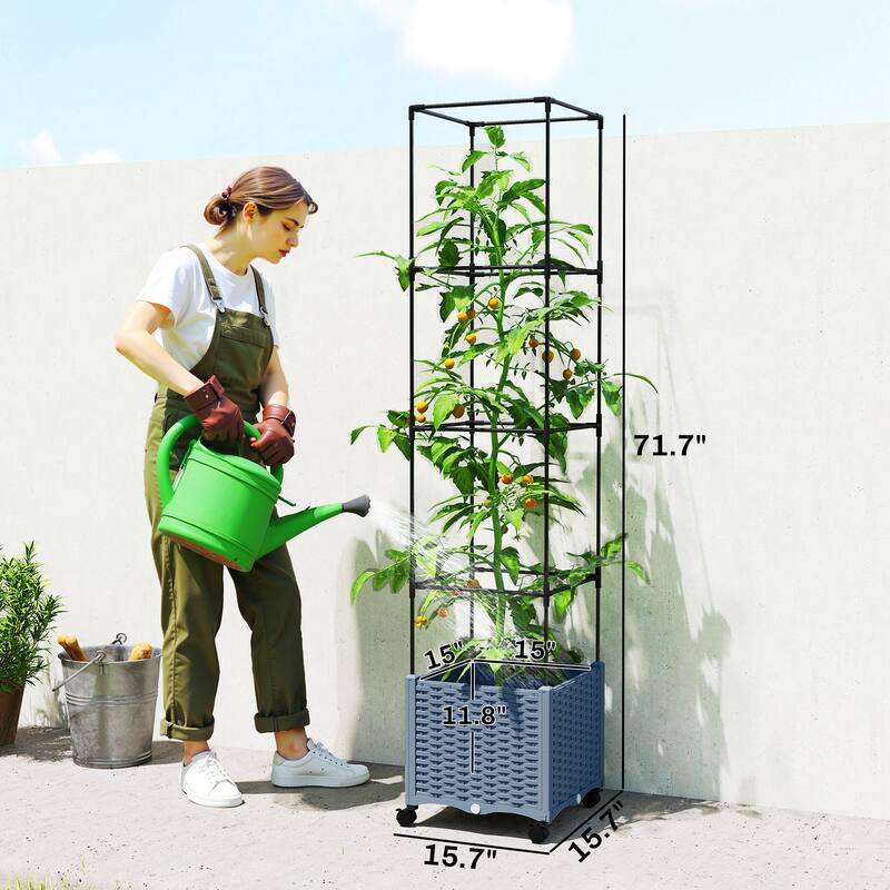 Outsunny Raised Garden Bed with Trellis, 71.7" Tomato Cage with Lockable Wheels, Self Watering Outdoor Planter Box