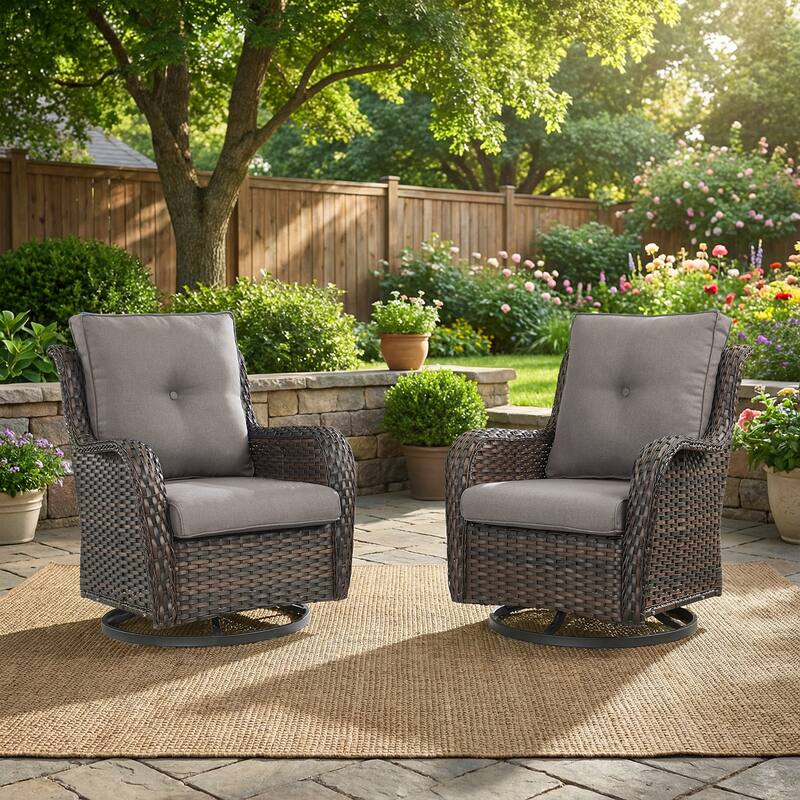 Pocassy Outdoor Wicker Glider Swivel Club Chairs (Set of 2) - Mix Grey - Brown/Grey