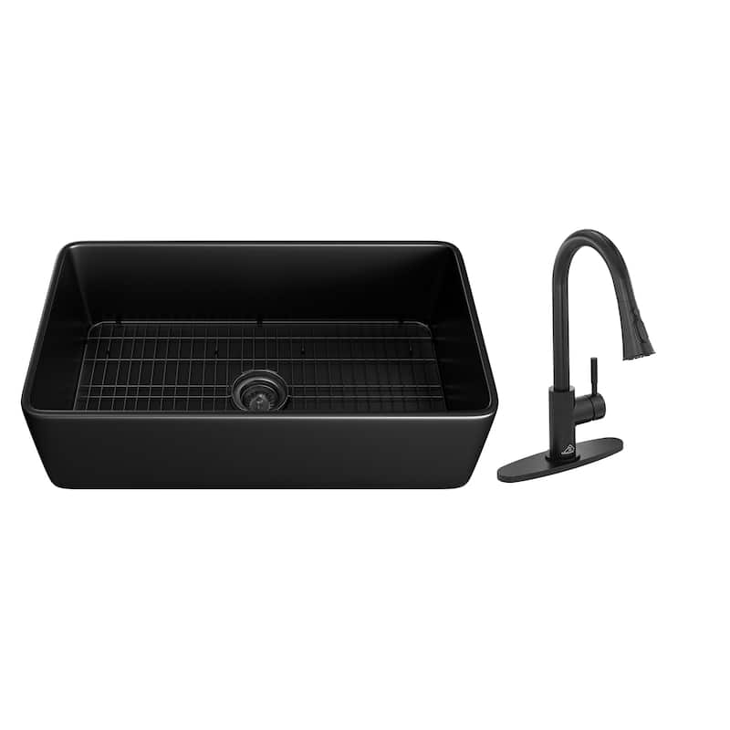 All-in-One Kit Fireclay Single Bowl Farmhouse/Apron-Front Kitchen Sink with Pull Down Sprayer Kitchen Faucet and Accessories