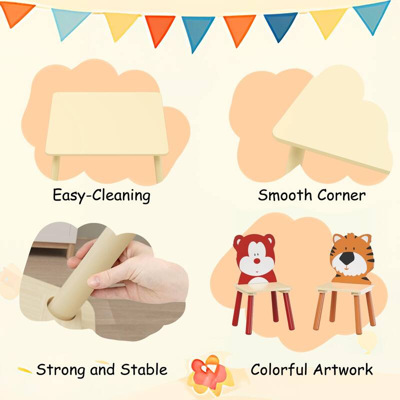 Anmytek Toddler 3-Piece Wooden Table and Chair Set Kids Activity Desk with Animal Backrest for Playroom Nursery