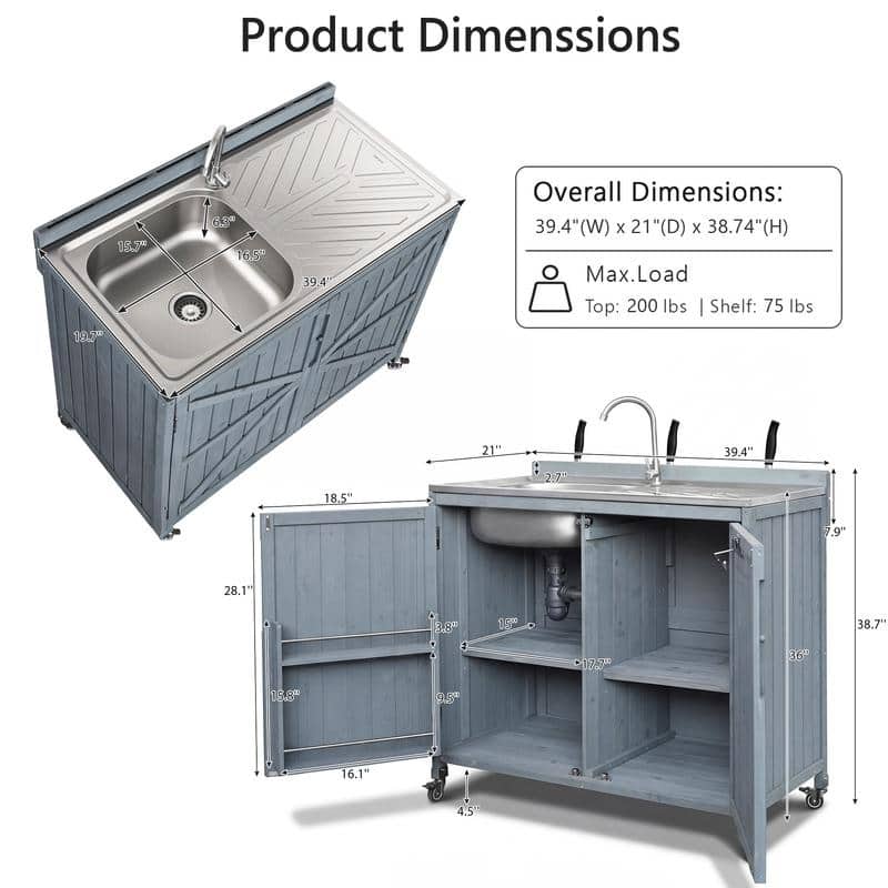 2-Piece Outdoor Kitchen Island Set with Stainless Steel Top and Sink, Drawer and Cabinets for Outdoor Storage w/ Wheels