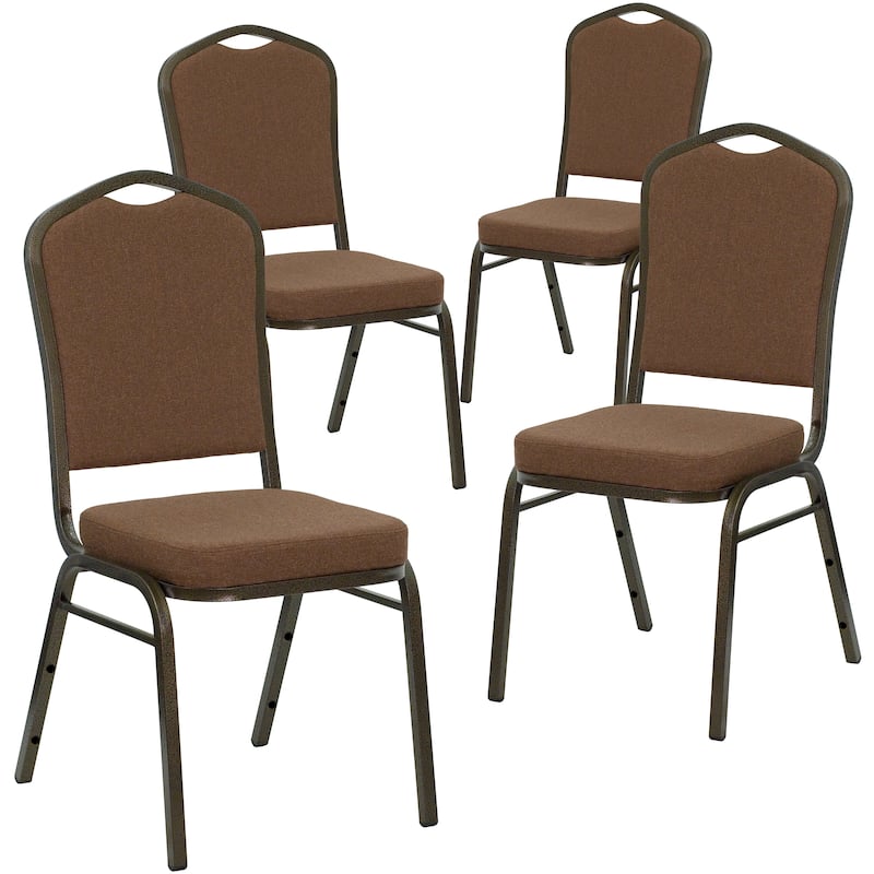 4 Pack Crown Back Stacking Banquet Chair - 20.25"D x 17.25"W x 38"H - Coffee Fabric/Gold Vein Frame