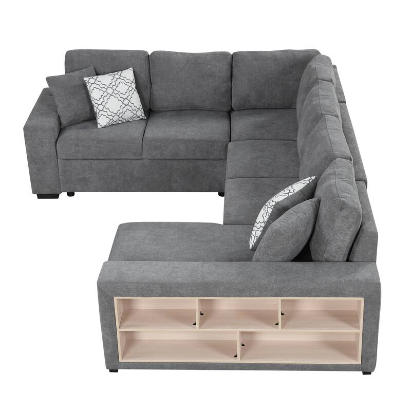 Grey 109" U-Shaped 6 Seater Sectional Sofa with Pull-Out Bed, Storage Chaise Lounge, 4 Back Pillows, and USB Charging Ports