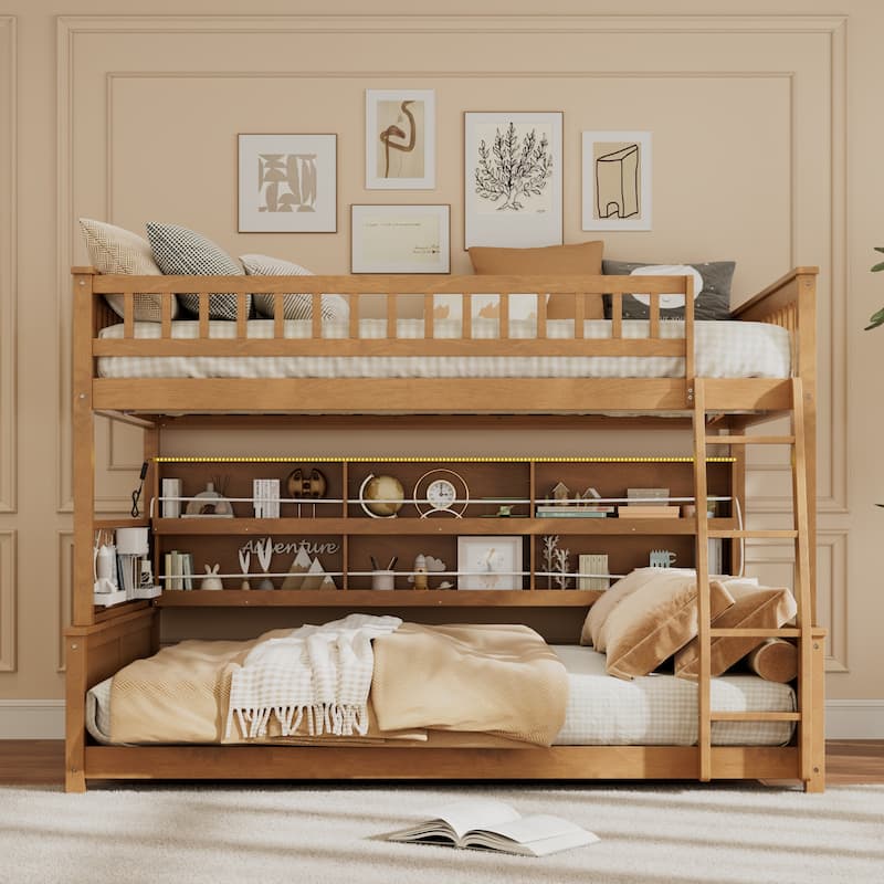 Full XL over Queen/Full over Full Bunk Bed with Integrated Shelving, Color-Changing Lights & Pegboard - Brown - Queen