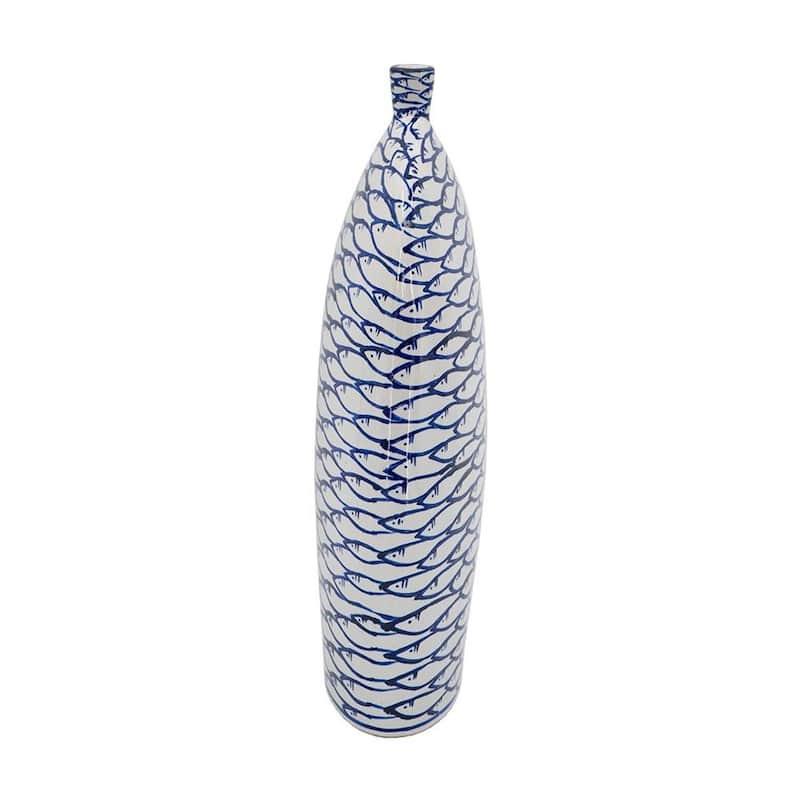 16" Blue And White Fish Print Oval Ceramic Table Vase - 11.80