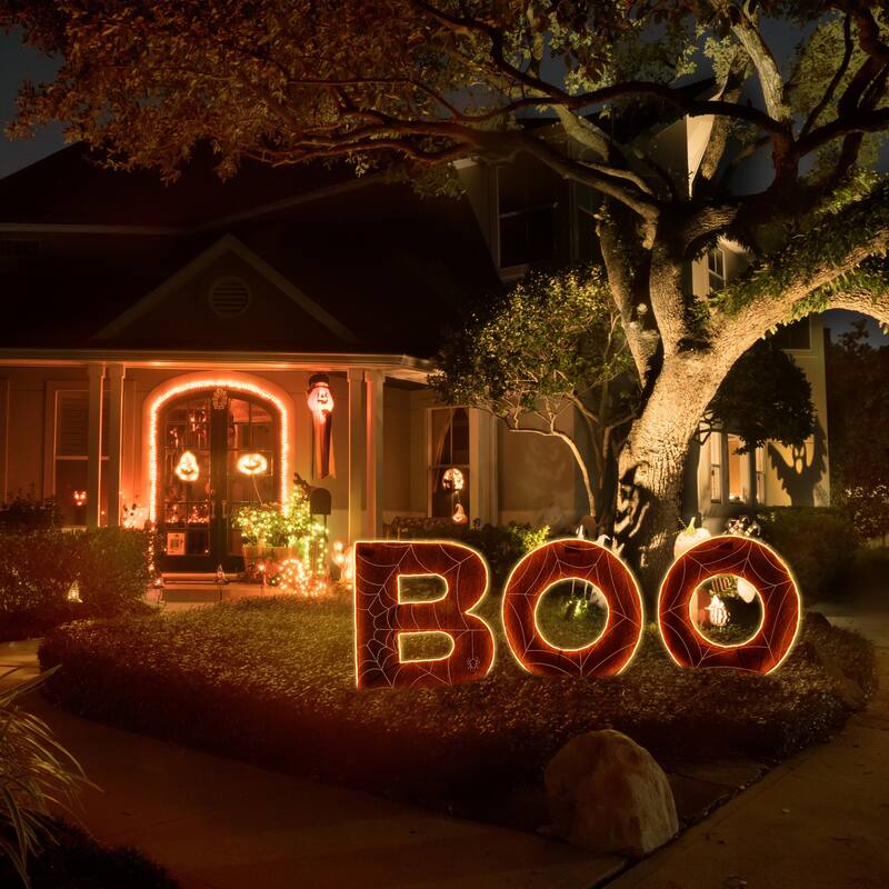 National Tree Company Halloween Pre Lit Lawn Decoration, Orange, 'BOO', LED Lights, Includes Garden Stakes, 47 Inches