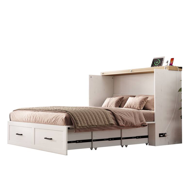 Queen Murphy Bed with Charging Station,Farmhouse Murphy Cabinet Bed with Large Storage Drawer,Hideaway Foldable Platform Bed