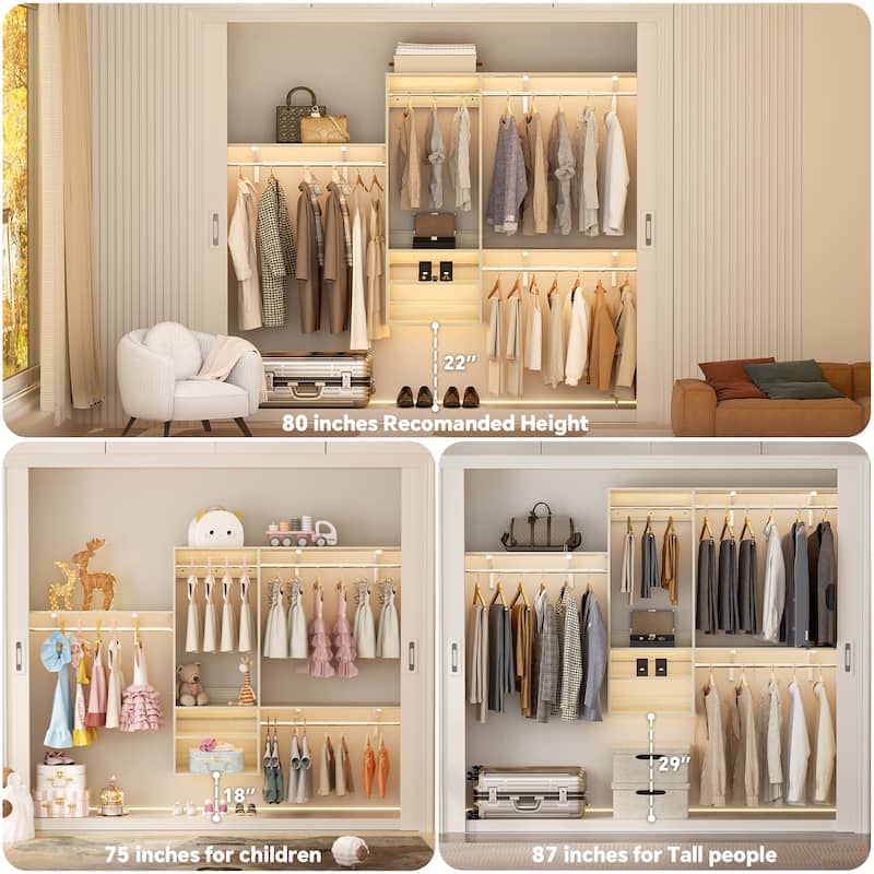 Rackcog 96'' Hanging Closet System with 3 Shelving Towers and 3 Hanging Rods,Wall-Mounted Walk-in Closet Organizer