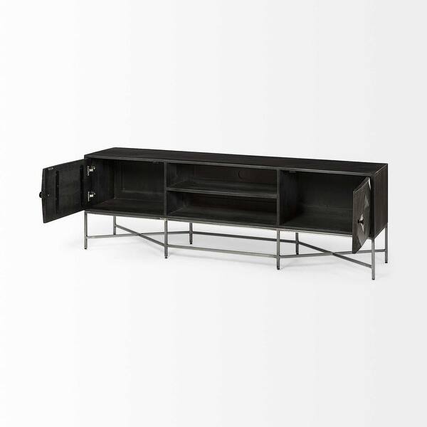 Medium Brown Mango Wood Finish TV Stand Media Console With 4 Doors And 2 Open Shelves