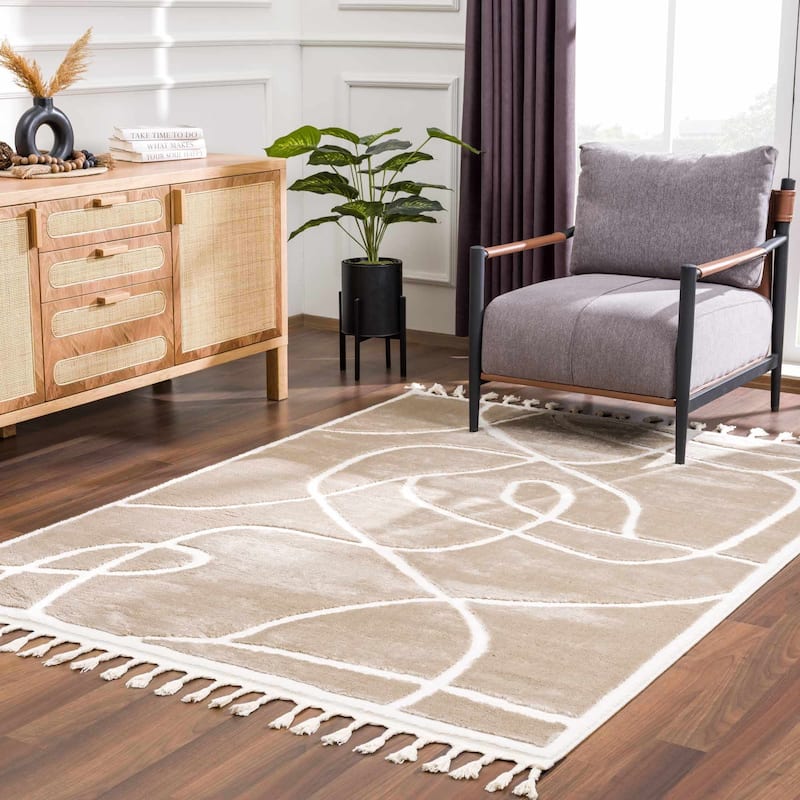 Hauteloom Azana Living Room, Bedroom Area Rug - Farmhouse - High Pile - Bone,Black - 5'3" x 7' - 2' x 3' - Cream / Azana
