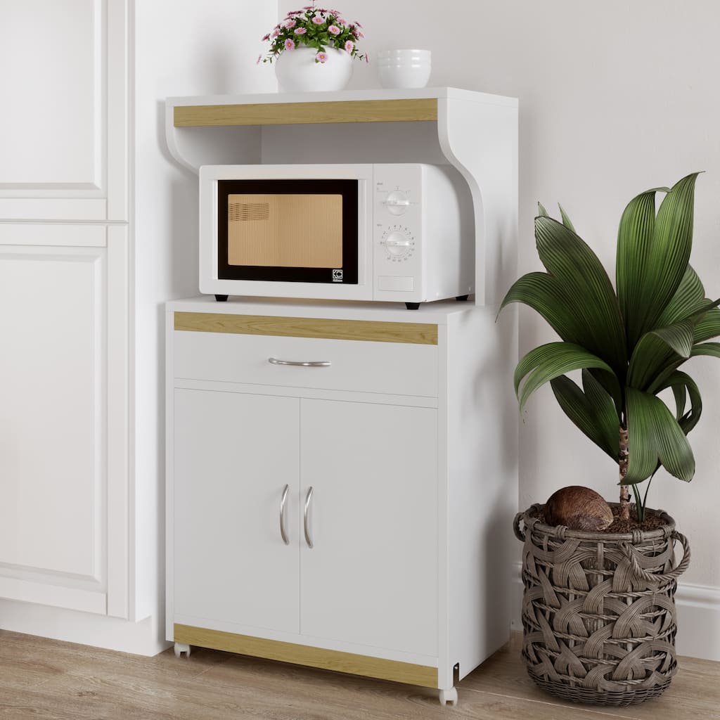 Lavish Home Microwave Stand with Storage, White and Oak