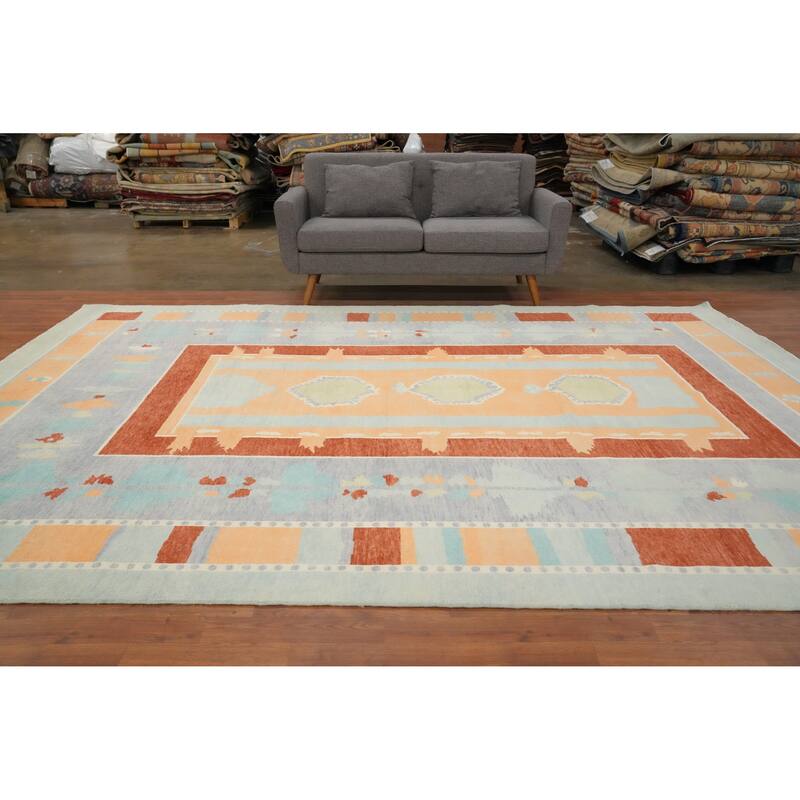 Hand Knotted Oriental 100% Wool Carpet Modern Geometric Multi-Colored Gabbeh Area Rug - 12' 0'' X 9' 8''