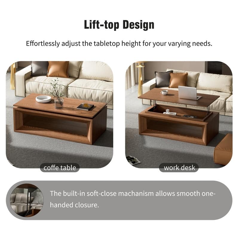 43.3" Lift-Top Coffee Table, Solid Wood Veneer Modern Accent Table with Storage and Adjustable Height