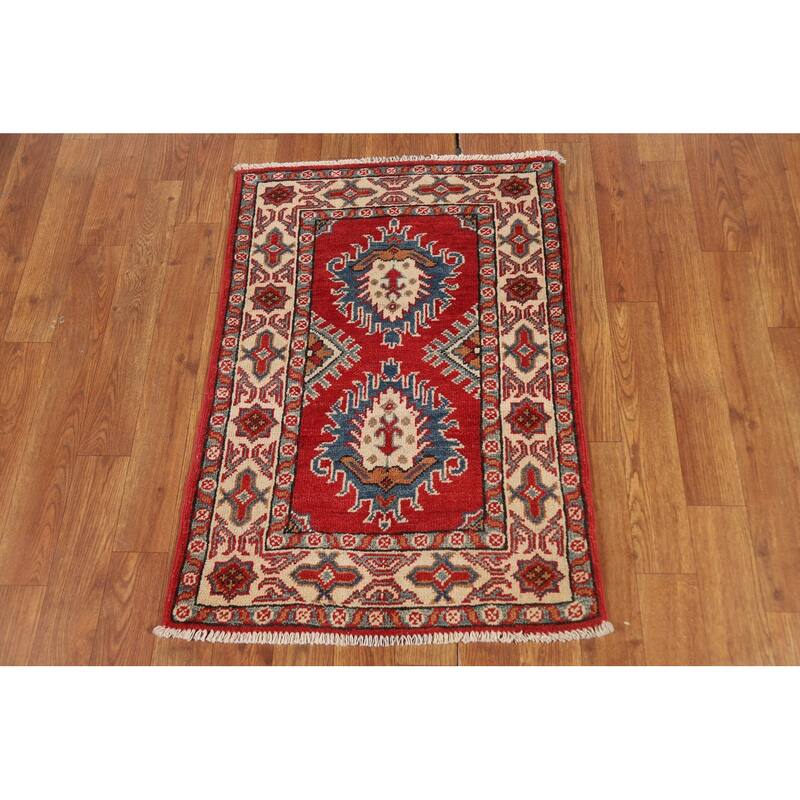 Geometric Kazak Oriental Rug Handmade Traditional Red Wool Carpet - 2'0" x 3'0"