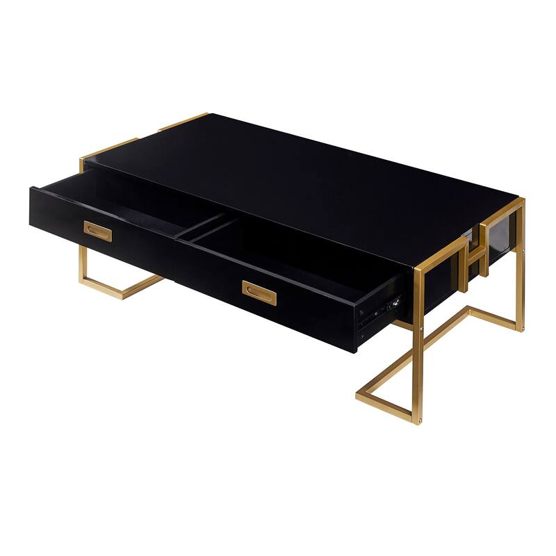 Roomfitters Modern Rectangular Coffee Table with Gold Base, 4 Storage Drawers, High Gloss Finish, 47.3"