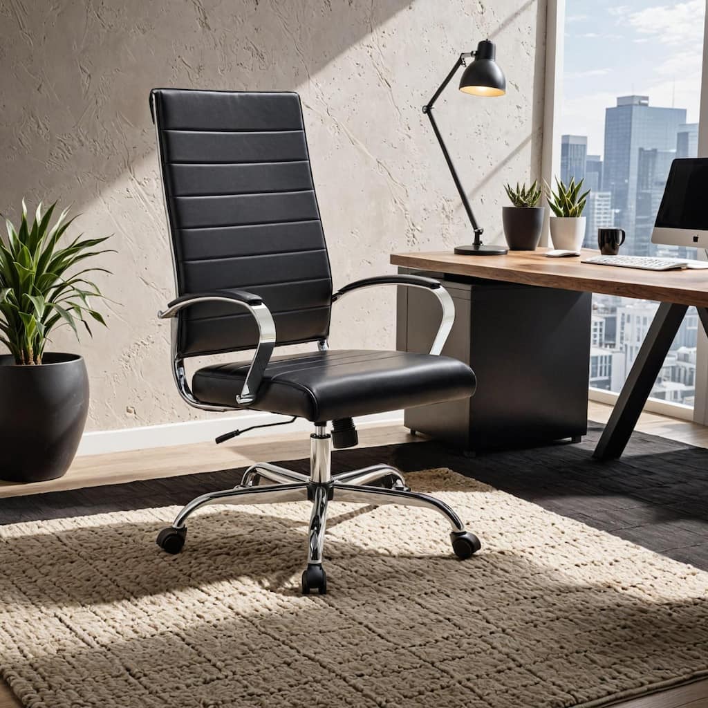 Benmar High Back Leather Executive Office Desk Chair with Chrome Frame, Adjustable Height, Tilt Lock and Swivel for Home Office