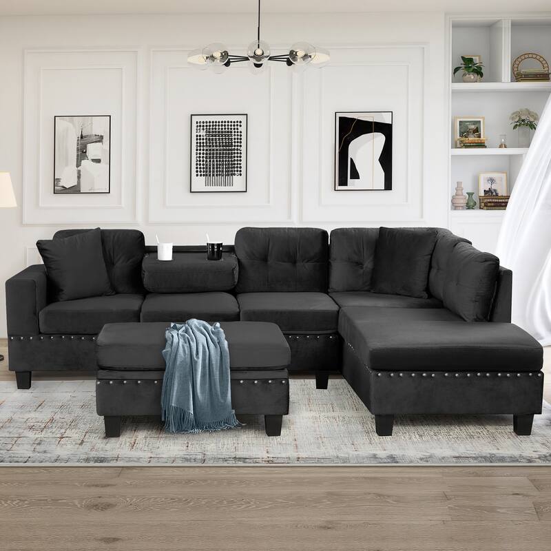 105" L-Shape Sofa with Storage Ottoman, 2 Pillows, Cup Holders, Reversible Chaise, Black Velvet, Living Room