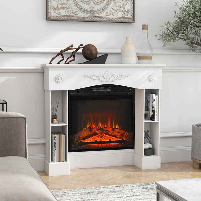 HOMCOM Baroque Fireplace Mantel, Freestanding Fireplace Surround with Leg for Electric Fireplaces, 45.3" W x 39.4" H, White