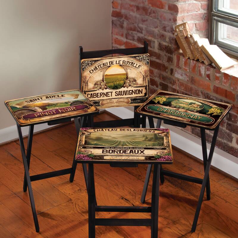 Wine Label TV Tray Set with Stand (S/4)