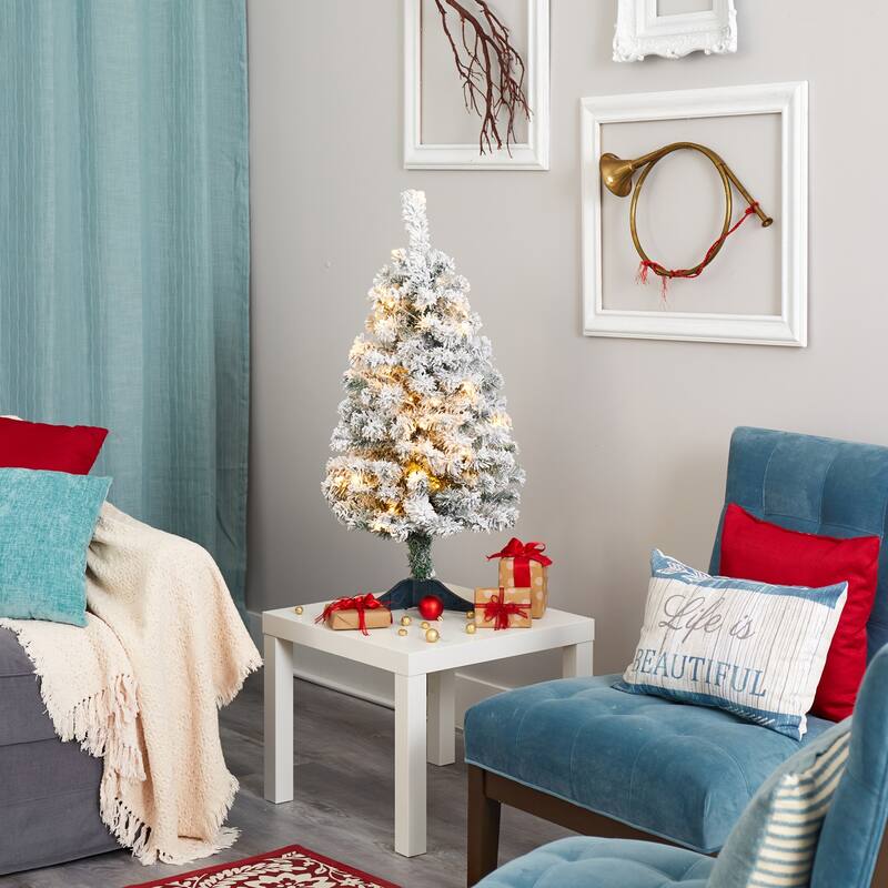 3ft. Flocked Spruce Artificial Christmas Tree with 50 Clear LED Lights - Compact Snowy Holiday X-Mas Accent