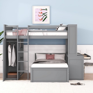 Full over Full Size Loft Bed with a Twin Size Stand-alone Bed, Bunk Bed with Shelves, Desk and Wardrobe, Grey