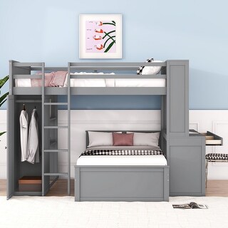 Multifunctional Design Loft Bed with Ladder, Wardrobe, Desk and Bookshelves, Full size, Grey