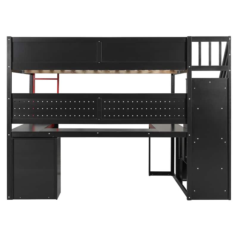 Gaming Loft Bed with Desk - Full/Twin, Includes Storage Stairs, Shelves & Pegboard