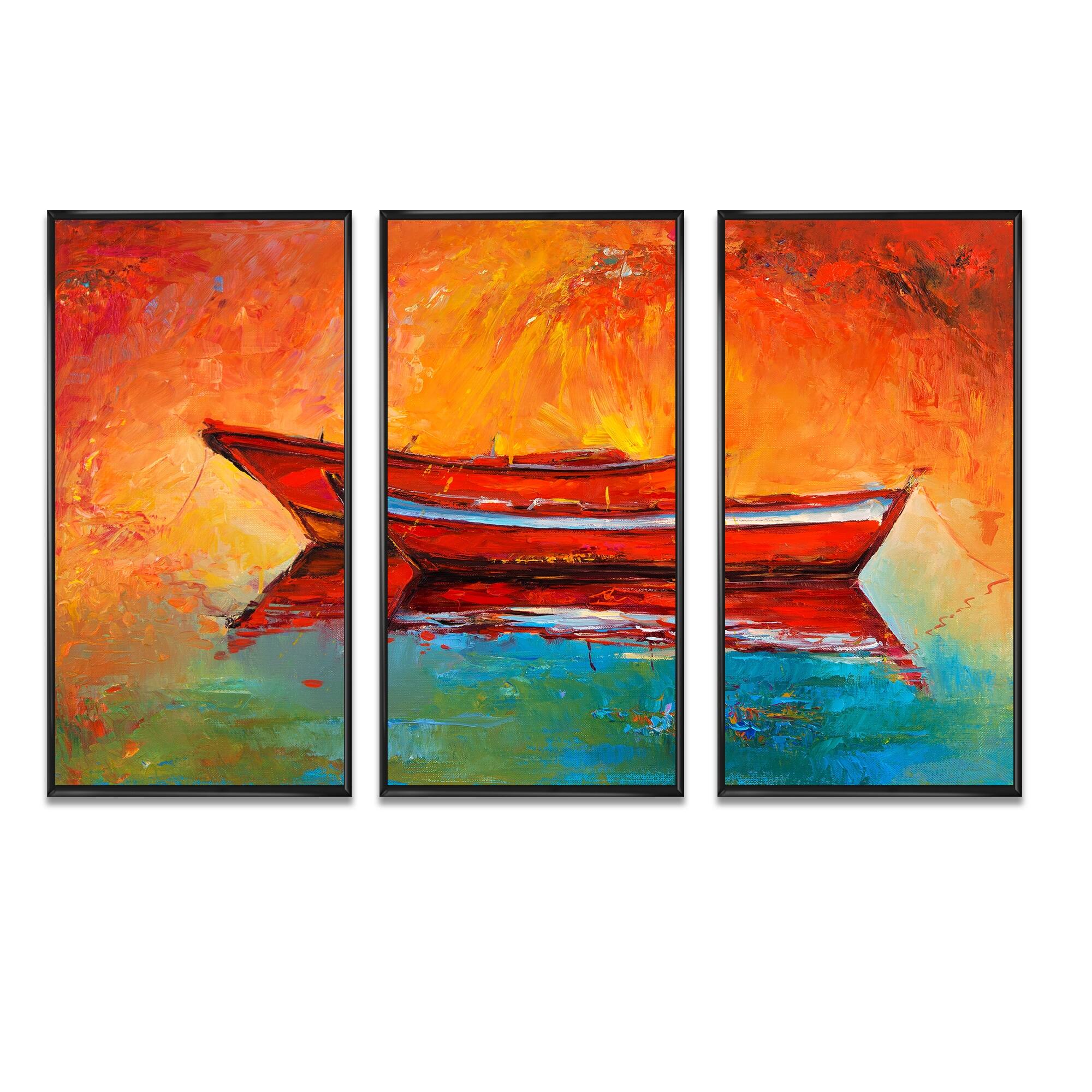 Designart "Two Red Boats During Evening Glow" Nautical & Coastal Framed