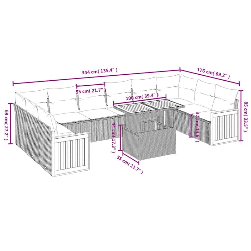 vidaXL Patio Sofa Set with Cushions Outdoor Furniture 11 Piece Poly Rattan - 21.7 x 39.4 x 28.7 in