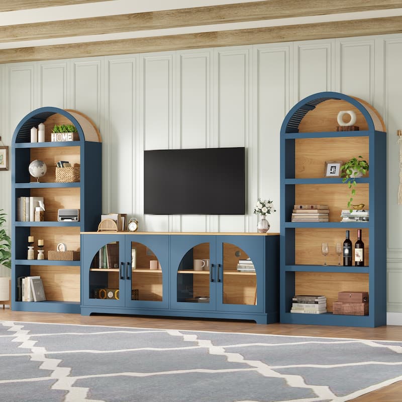 3-Piece TV Stand Set with Bookshelf for TVs Up to 70", Wood Grain Entertainment Center with Arched Design, Tempered Glass Doors - Blue