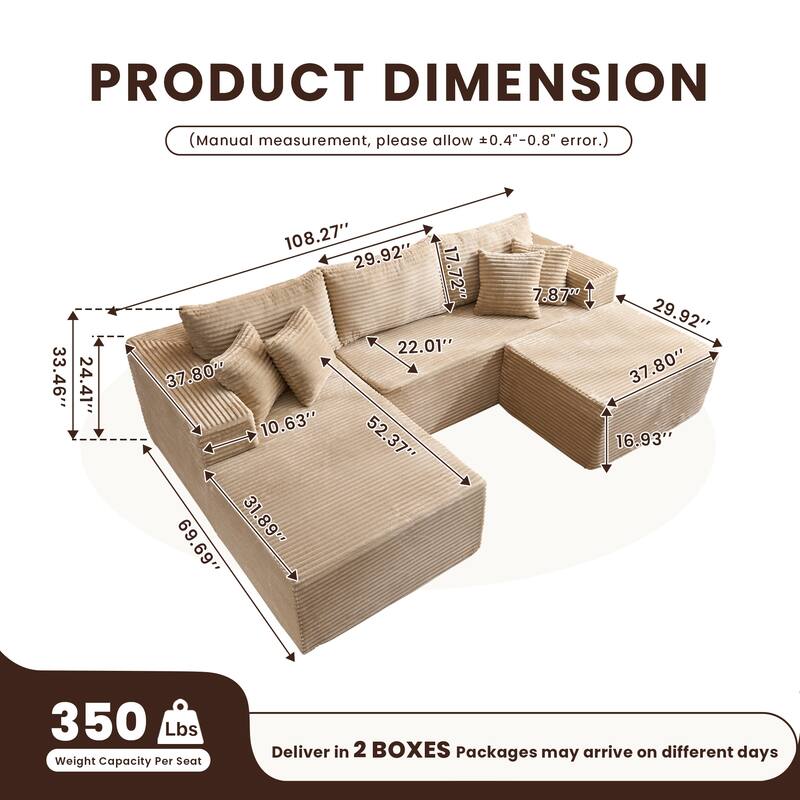 HOOOWOOO Modern Plush Corduroy L-shaped Sofa Chaise Lounge with Ottoman
