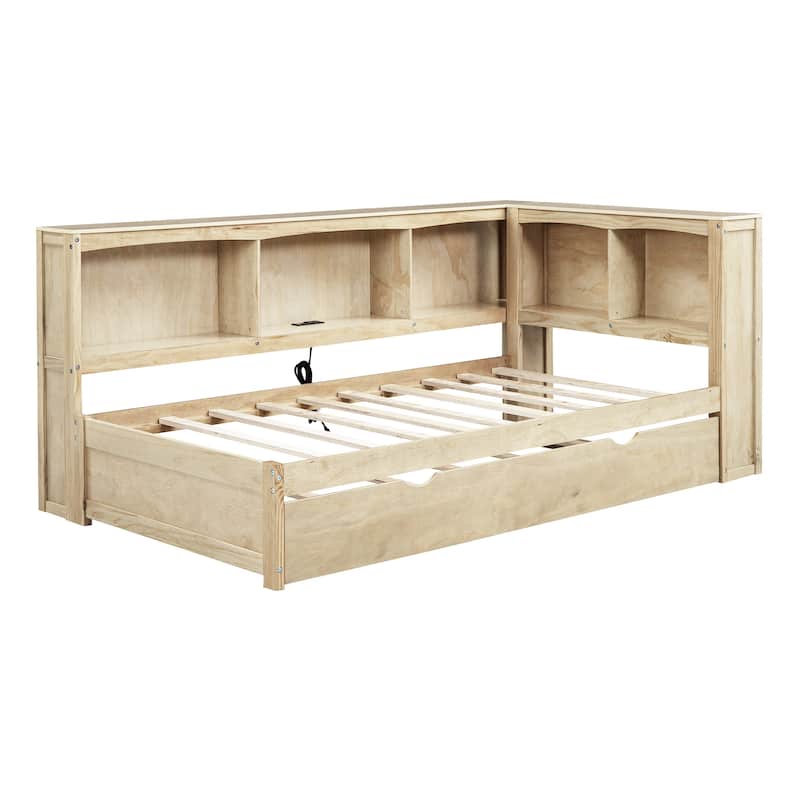 Twin Size Daybed with Trundle, Storage Cabinets and USB Ports, Wood Bed Frame with L-Shaped Bookcases for Bedroom
